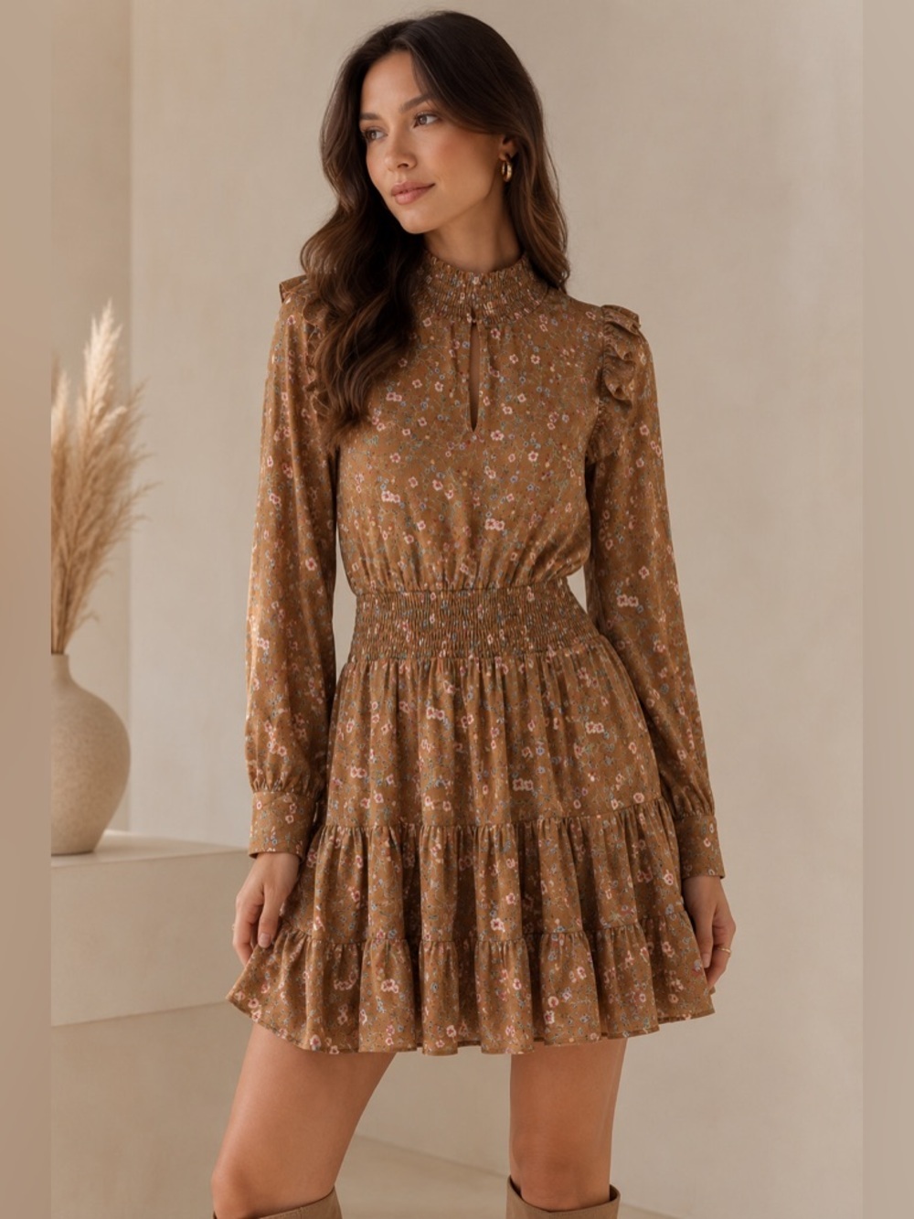 Heartloom Floral Smocked Mini Dress XS Brown Long Sleeve Ruffle